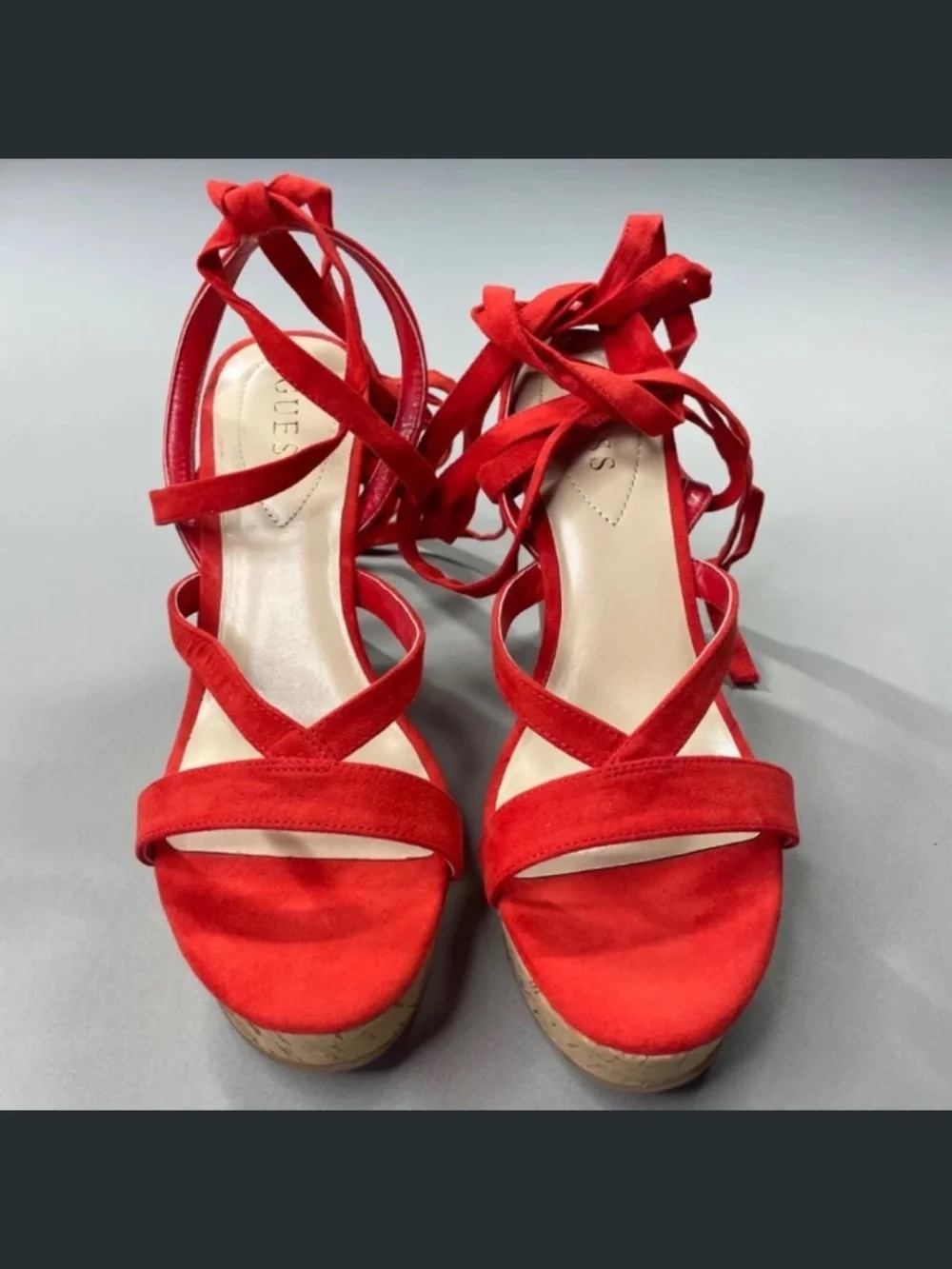 NEW Guess Shoes Womens 9.5 red brown Treacy faux suede cork wedge heels summer